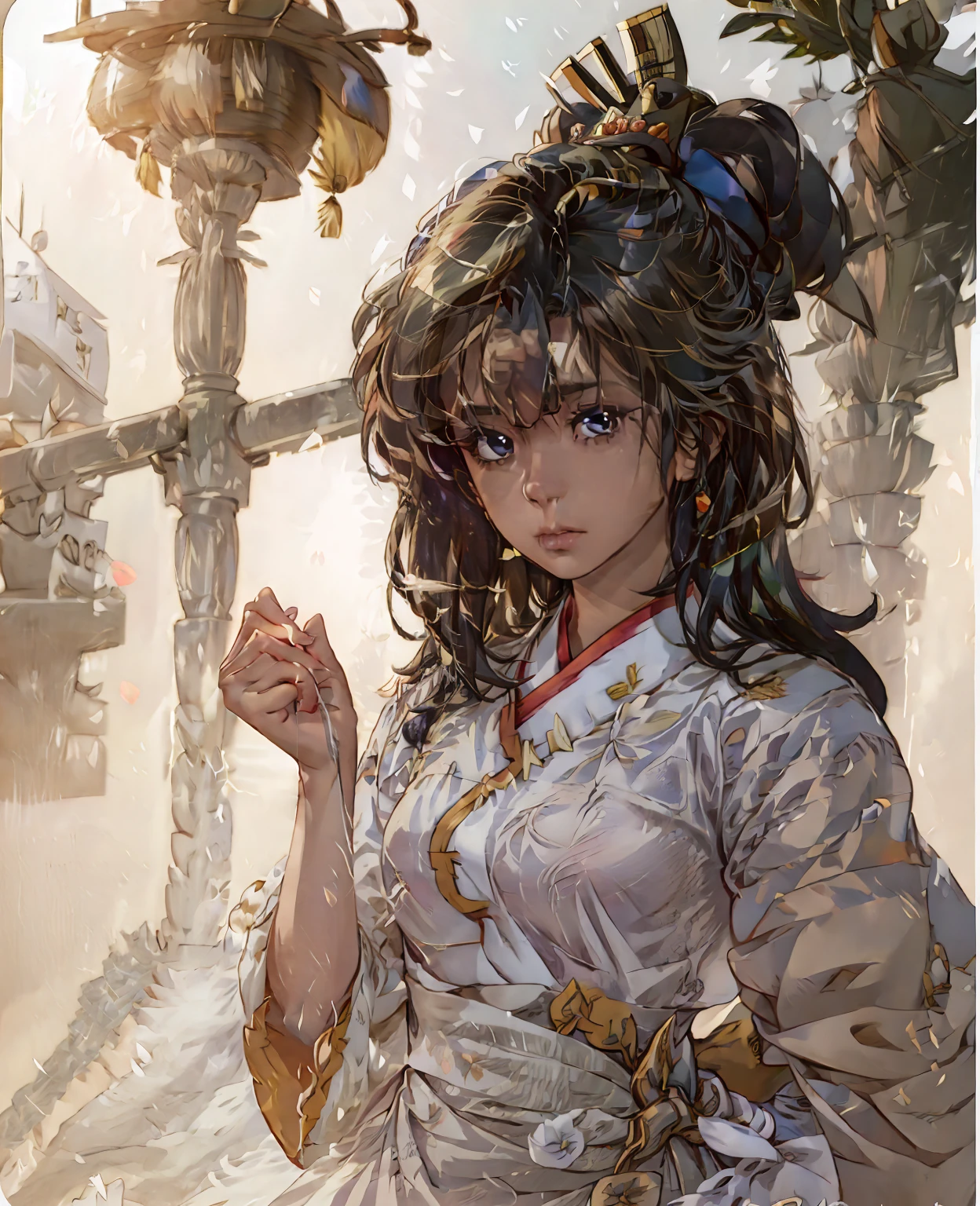 There is a cartoon in dress, Chinese dress, hanbok apron, Chinese costume, Chinese traditional costume, close-up - view, hanbok, wearing ancient Chinese costume, with ancient Chinese costume, palace, a girl in Hanfu, white hanfu, cheongsam, wearing pink flowers Chiton, shadow room, light edge, two-tone lighting, (high detail skin: 1.2), 8k uhd, DSLR, soft light, high quality, volumetric lighting, sneak peek, photo, high resolution, 4k, 8k, Background bokeh