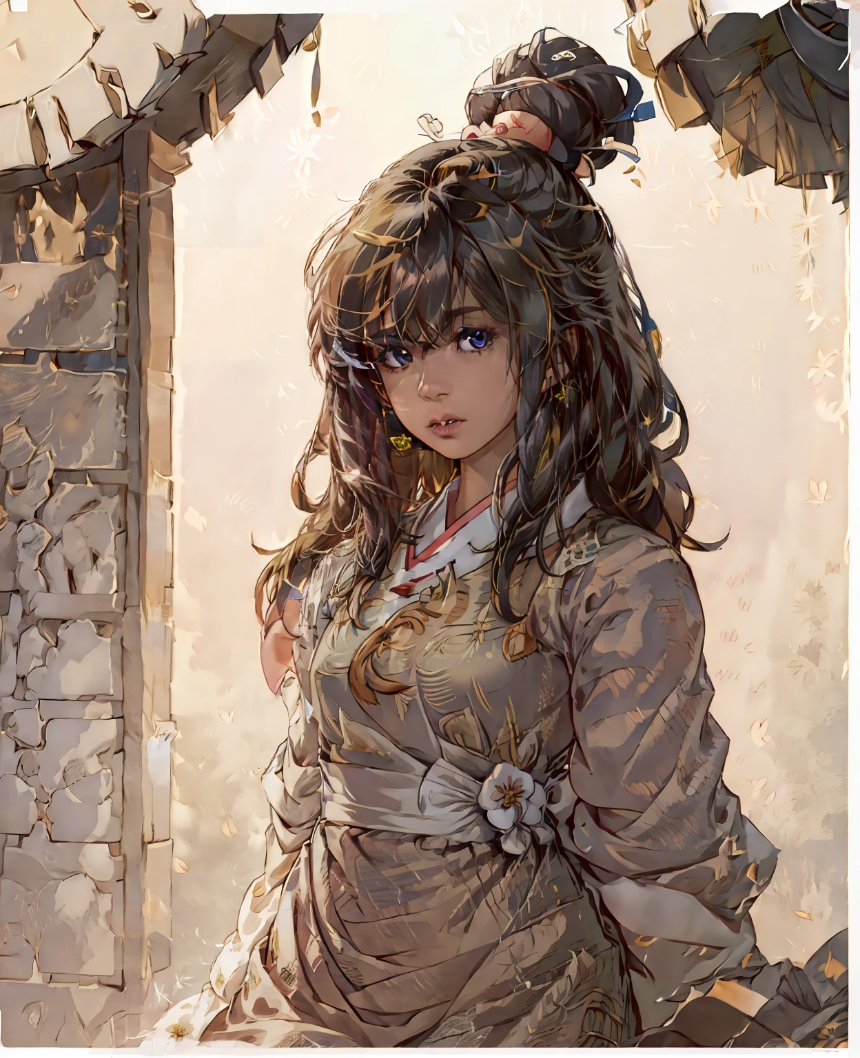 There is a cartoon in dress, Chinese dress, hanbok apron, Chinese costume, Chinese traditional costume, close-up - view, hanbok, wearing ancient Chinese costume, with ancient Chinese costume, palace, a girl in Hanfu, white hanfu, cheongsam, wearing pink flowers Chiton, shadow room, light edge, two-tone lighting, (high detail skin: 1.2), 8k uhd, DSLR, soft light, high quality, volumetric lighting, sneak peek, photo, high resolution, 4k, 8k, Background bokeh