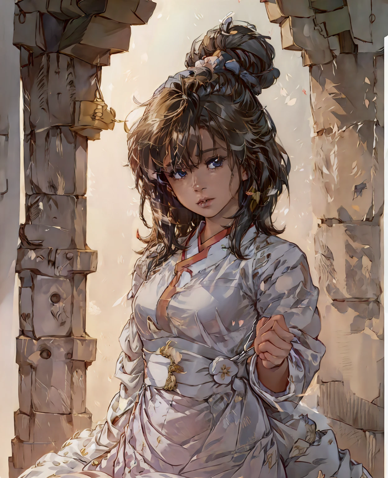 There is a cartoon in dress, Chinese dress, hanbok apron, Chinese costume, Chinese traditional costume, close-up - view, hanbok, wearing ancient Chinese costume, with ancient Chinese costume, palace, a girl in Hanfu, white hanfu, cheongsam, wearing pink flowers Chiton, shadow room, light edge, two-tone lighting, (high detail skin: 1.2), 8k uhd, DSLR, soft light, high quality, volumetric lighting, sneak peek, photo, high resolution, 4k, 8k, Background bokeh