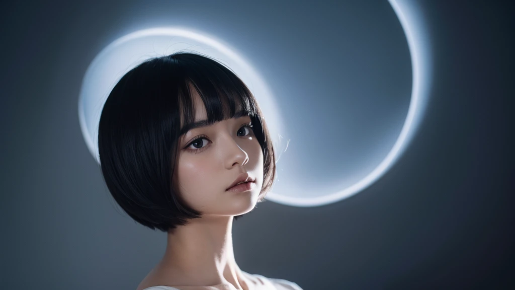 Delicate and dainty young woman with shiny bob-cut black hair . She is wearing black dress. The background is a fantastic and ethereal night sky that seems to be haunted by a specter. Her expression is stern and atmospheric. Angle from directly below.