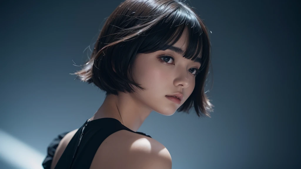 Delicate and dainty young woman with shiny bob-cut black hair . She is wearing black dress. The background is a fantastic and ethereal night sky that seems to be haunted by a specter. Her expression is stern and atmospheric. Angle from directly below.