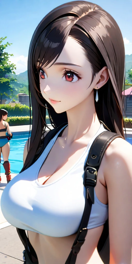 (((((tifa lockhart,Final Fantasy 7:1.5))))),((Highest quality、masterpiece、anime style、best quality、high resolution、8k、detailed、ultra-detailed:1.3))、Long legs:1.2, Beautiful woman with perfect figure:1.4、(Smiling:1.2), double eyelid、30-year-old female、((((One Woman,beautiful face,Beautiful face、Outdoor,upper body:1.5)))),Big Breasts、High resolution, accurate, Anatomically correct, High-resolution model, high quality, Very detailed, Ultra high definition、Black Hair、Straight Hair、Long Hair、swimwear、poolside,bikini