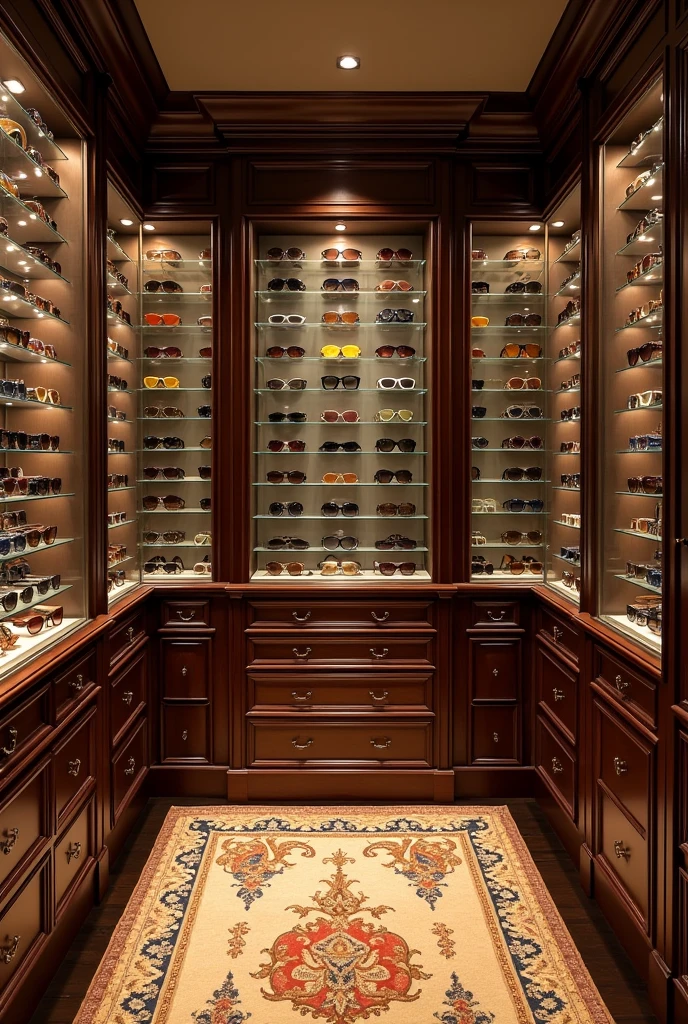 A giant walk-in closet with one-of-a-kind sunglasses