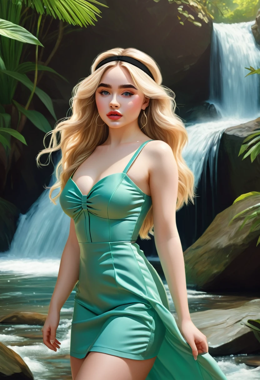 Thirst trap beautiful women that looks like Sabrina Carpenter. green sun dress, clean girl aesthetic. Her hair iblonde super strait and sleek, White hairband. official art is an award-winning digital masterpiece in 4K Ultra HD, featuring extreme detail and intricate realism. It combines the artistry of Wlop and Artgerm in a stunning 2D vector illustration. The background is a tranquil waterfall. bright colorful.