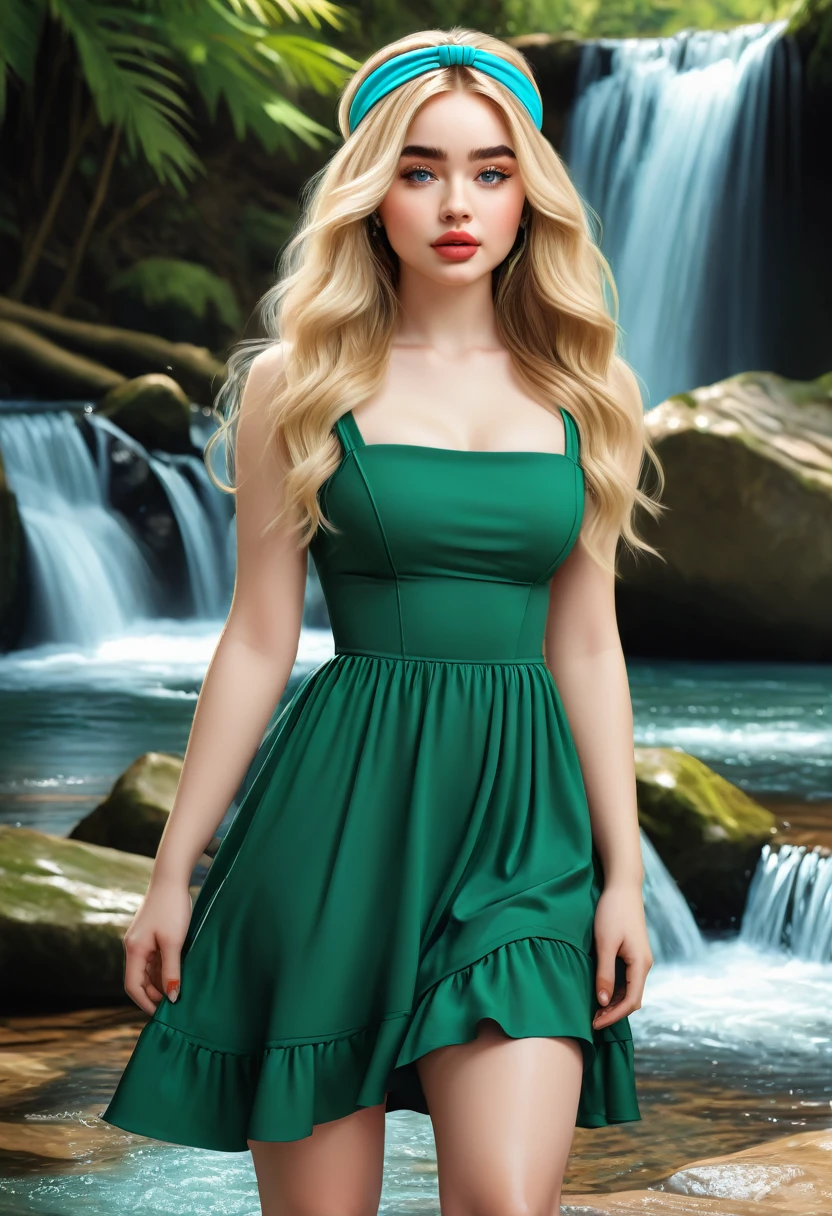 Thirst trap beautiful women that looks like Sabrina Carpenter. green sun dress, clean girl aesthetic. Her hair iblonde super strait and sleek, White hairband. official art is an award-winning digital masterpiece in 4K Ultra HD, featuring extreme detail and intricate realism. It combines the artistry of Wlop and Artgerm in a stunning 2D vector illustration. The background is a tranquil waterfall. bright colorful.
