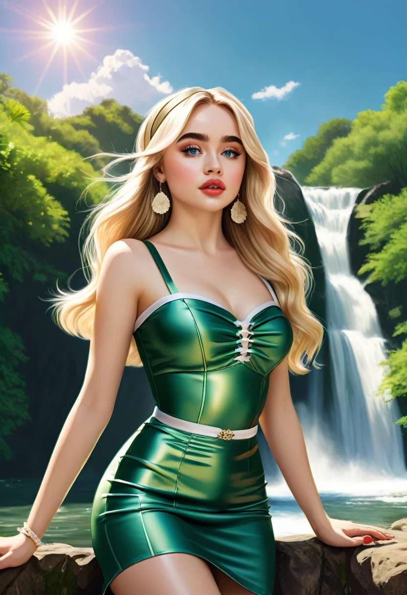 Thirst trap beautiful women that looks like Sabrina Carpenter. green sun dress, clean girl aesthetic. Her hair iblonde super strait and sleek, White hairband. official art is an award-winning digital masterpiece in 4K Ultra HD, featuring extreme detail and intricate realism. It combines the artistry of Wlop and Artgerm in a stunning 2D vector illustration. The background is a tranquil waterfall. bright colorful.
