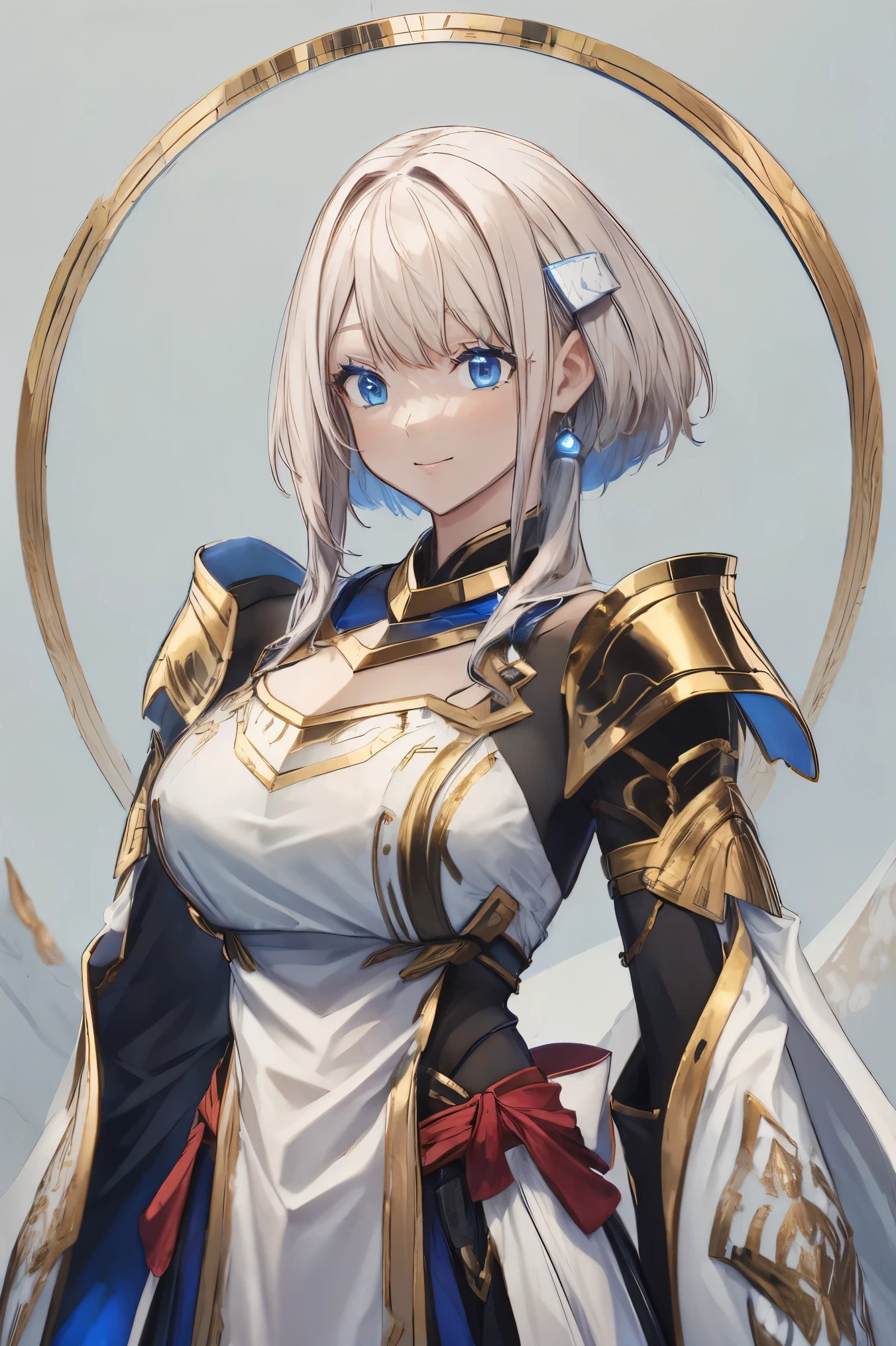 female, big tits, hair ornament, smile, look at camera,  white hair, blue eyes, armor, long hair