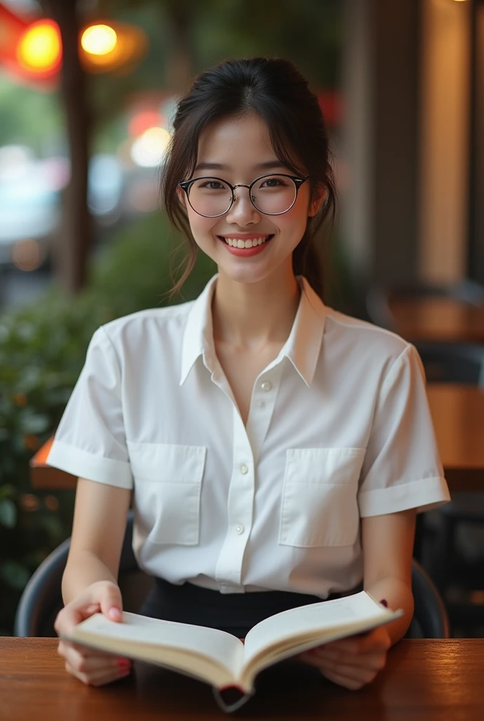 (A gorgeous Eurasian lady, age 28, a professional high-school teacher wearing formal office attire, short-sleeve white shirt with pockets & buttons, pencil mini-skirt, sitting to read a book in a outdoor cafe,
friendly, gentle, feminine, metal-frame spectacles, kind smile, dimpled cheeks, cute snaggle-tooth, short hair ponytail, bob hair trimmed, symmetrical face, beautiful detailed face, bright_and_full_of_warmth_eyes, detailed eyes, ample round bosom,
Award-winning, photorealistic, hyper-realism, high contrast, ultra HD, realistic skin textures, top image quality, top-quality, super high resolution, fine details, very meticulously, masterpiece, High angle shot, Candid shot, positive affirmation, serene ambience, bokeh night background, SFW)