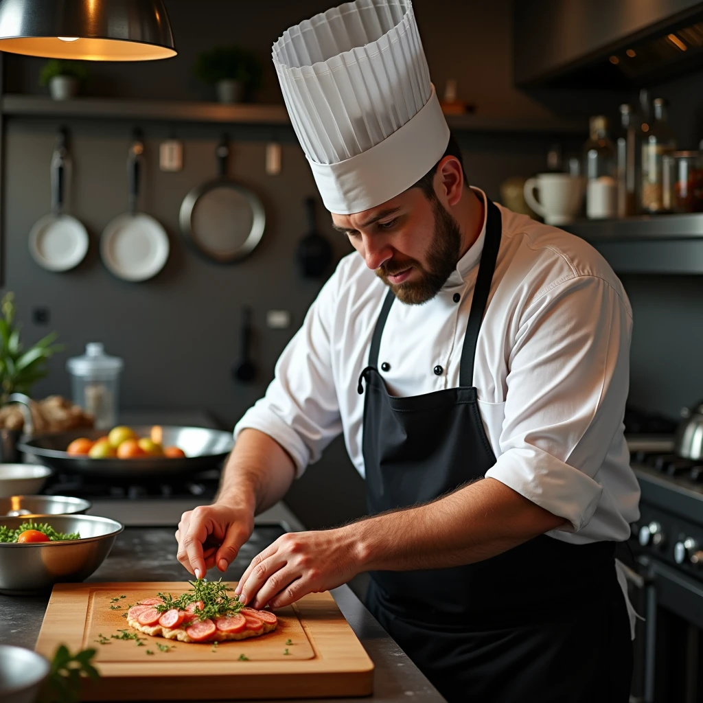 A man in a chef's hat preparing food in a kitchen