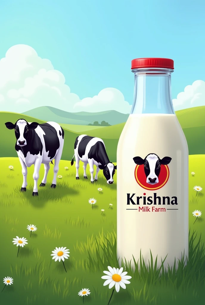 Logo for krishna milk farm cow's gazing in field a milk bottle