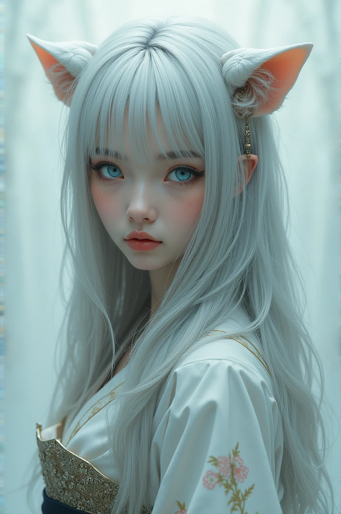 Cat ear、Silver Hair、Long Hair、Blue Eyes、kimono