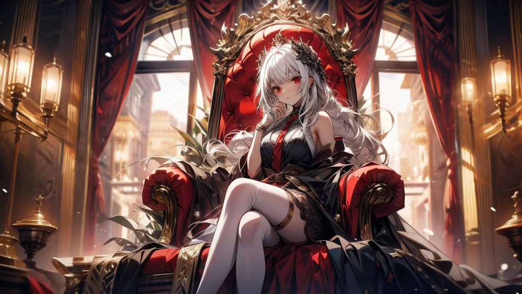 A vampire girl sits on a throne with a glass of red wine in her hand.
She has long white hair and red eyes.
Her legs are crossed and the hand holding the wine rests on her elbow.
The background is the throne room with red curtains and carpet.