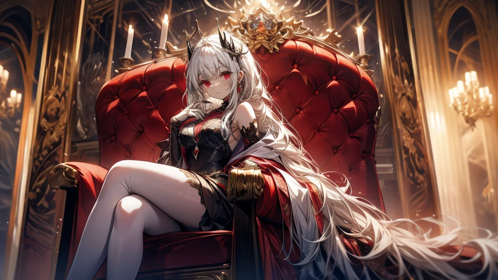A vampire girl sits on a throne with a glass of red wine in her hand.
She has long white hair and red eyes.
Her legs are crossed and the hand holding the wine rests on her elbow.
The background is the throne room with red curtains and carpet.