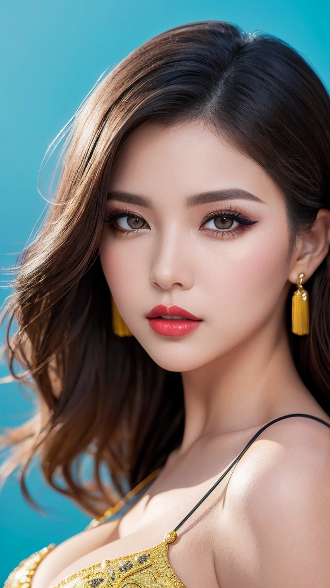 photorealism 16K realism, (Hyper-realistic proportional body, anatomically correct:1.3), ((ultra-fine digital art)), (1woman:1.3, 22-year-old), wearing glasses, thigh highs, ((intricately detailed beautiful face)), (light pale complexion), BREAK, (small round head), (best details, realistic beautiful, slim and cute face), ((best highest detailed realistic dark brown_eyes:1.3)), ((super realistic sharp-eyes:1.2)), (tired and sleepy and satisfied:0.0), (close up of a woman's eyes), perfect round eyes, finely detailed pupils,BREAK,detailed lips:1.3,pink_makeup:1.22, (long_blue_eyeliner:1.28), (red_lipstick:1.35), ((perfect dark_eyeshadows:1.4)), (super detailed professional makeup on eyes:1.3), (Detailed nose:1.2), (best high quality real texture skin:1.3), (Fujicolor, daytime soft lighting), (curly heban hair (slicked to the one side) Intricately detailed), BREAK, ((Classic and sexy designer dress, combination of teal, magenta and yellow colour in the dress, bright colours)), Detailed blue decoration, BREAK, (Fitted clothing), dynamic pose, (looking at the viewer), (no decorations in the hair), (dark shot:1.2), (firm normal full breasts), hint of cleavage, (vibarant and colourful),