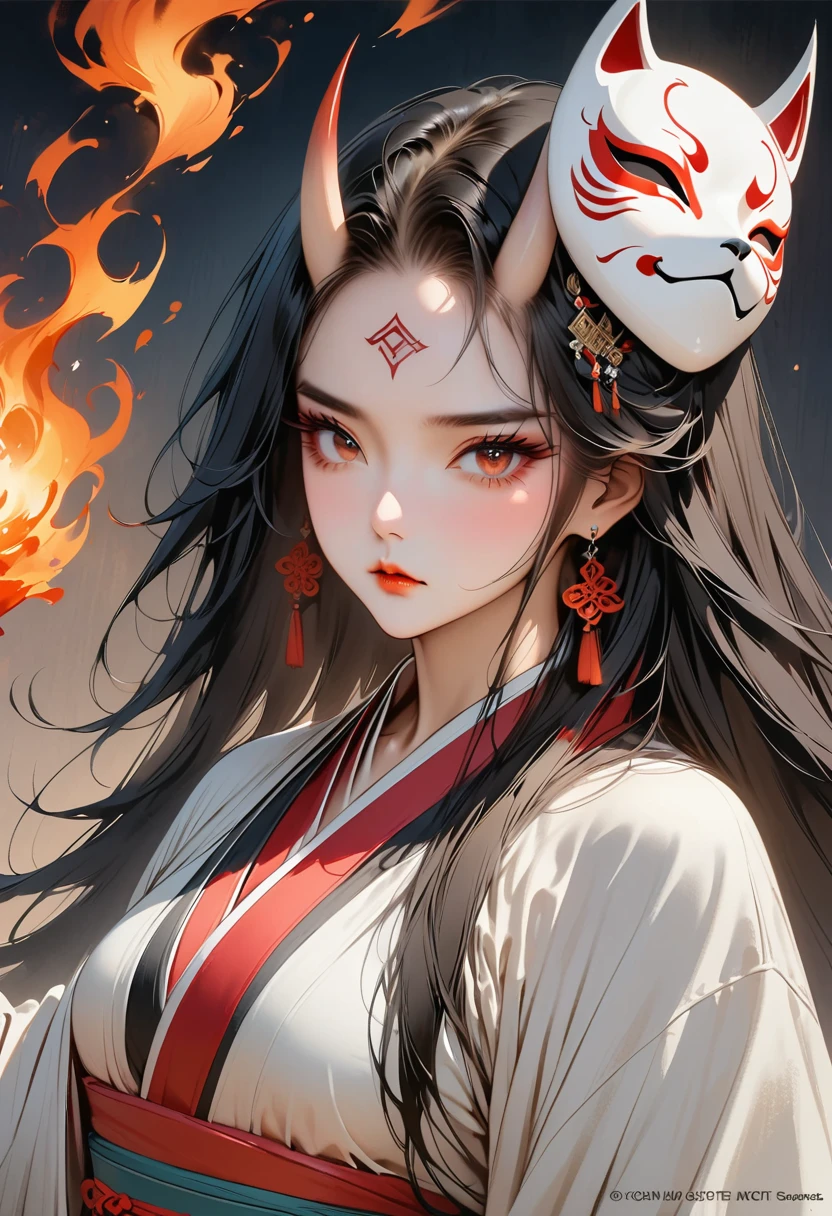 (Masterpiece, Top quality, Best quality, Official art, Beautiful and aesthetic:1.2), Ink painting, (((Very detailed forehead tattoo))), (((Wearing Anbu fox mask)))A tempting devil,1 girl, wearing a kimono, (2 small oni horns:1.6), fire around her, Glowing body, Colorful, Top detailed, Cold light,  Tattoo