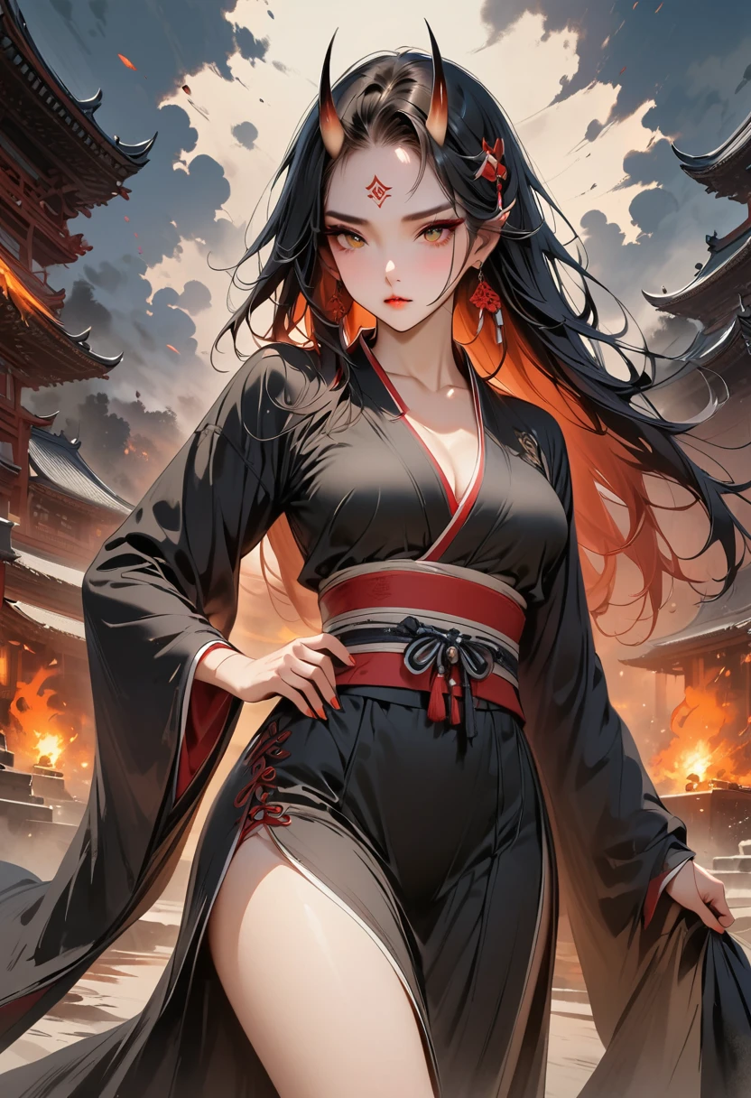 (Masterpiece, Top quality, Best quality, Official art, Beautiful and aesthetic:1.2), Ink painting, (((Very detailed forehead tattoo))), (((Wearing Anbu fox mask)))A tempting devil,1 girl, wearing a kimono, (2 small oni horns:1.6), fire around her, Glowing body, Colorful, Top detailed, Cold light, Tattoo
