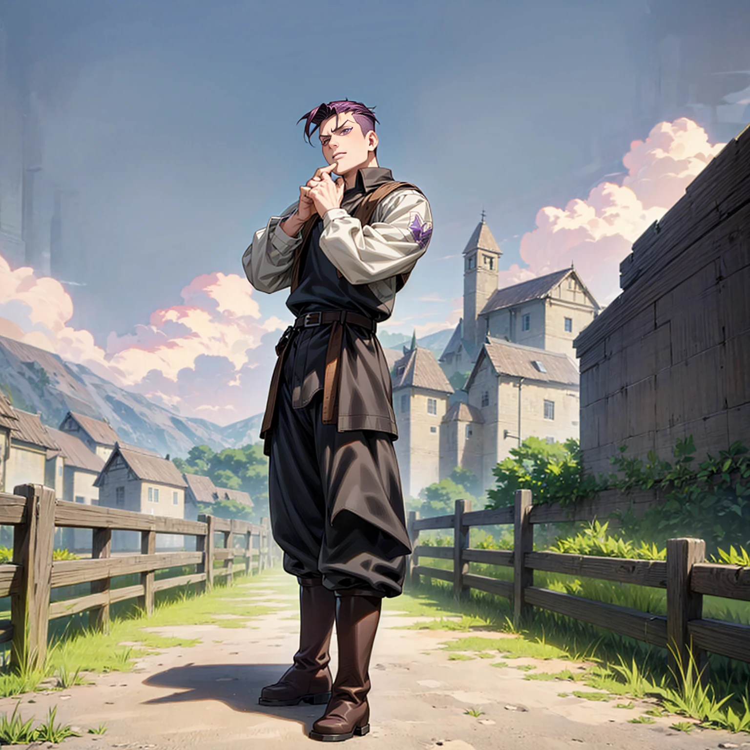 Solo character, full body version, young boy, muscle, purple eyes, black color hair, undercut hair, casual clothing, black pants, boots, belt, outdoor, village, medieval, morning, standing gesture, detailed background, detailed clothing, detailed hair, (food wars style art)