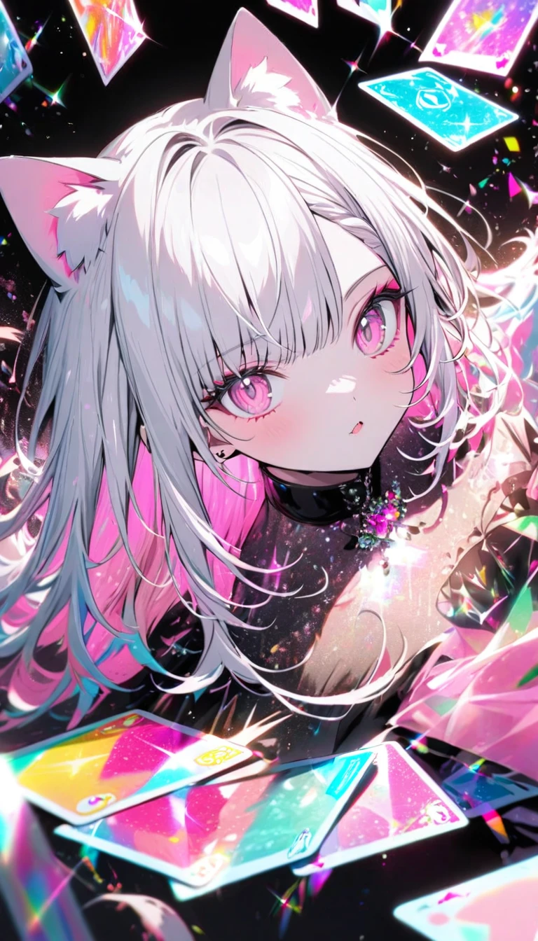 A high-quality hologram card, pretty girl,Cat ear, Beautiful silver hair,Pink inside,Beautiful pink eyes,with glitter, and a black background around the card, clear coloring, and colorful