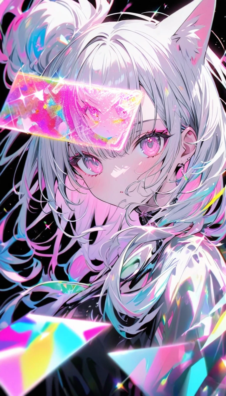 A high-quality hologram card, pretty girl,Cat ear, Beautiful silver hair,Pink inside,Beautiful pink eyes,with glitter, and a black background around the card, clear coloring, and colorful