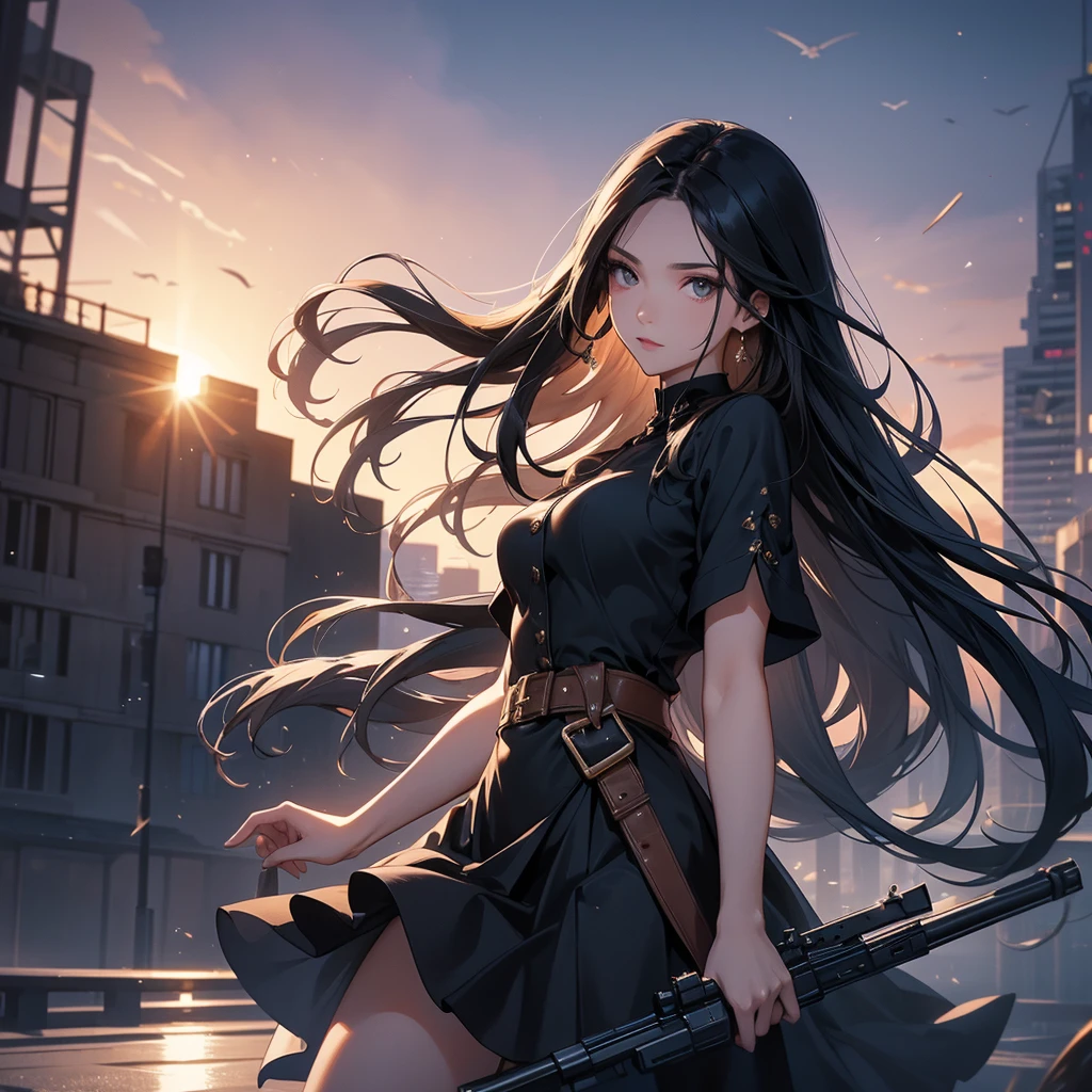 a beautiful woman with long black hair, wearing a tight blue dress, standing holding a pistol, aiming the barrel at the bad guys, on a tall building, the sun is setting, close up.