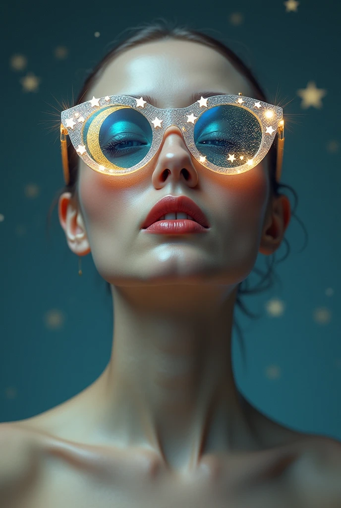 The model is wearing glass sunglasses with stars and the moon on the glass without dress 
