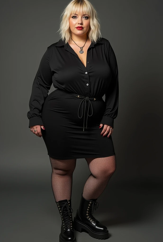 a blonde woman, short layered hair , with very feminine features, full-figured,with prominent breasts, my very thick thighs, wearing a slightly loose black AC shirt/DC, a black skirt, fishnet stockings and gothic-style boots
