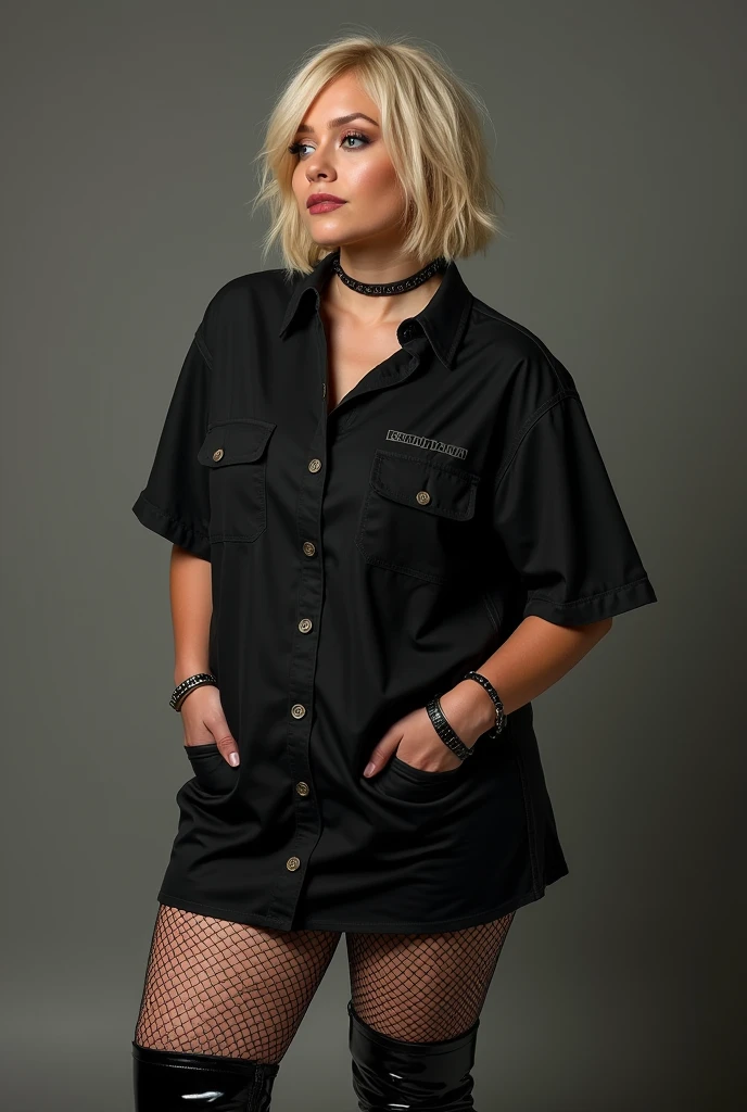 a blonde woman, short layered hair , with very feminine features, full-figured,with prominent breasts, my very thick thighs, wearing a slightly loose black AC shirt/DC, a black skirt, fishnet stockings and gothic-style boots