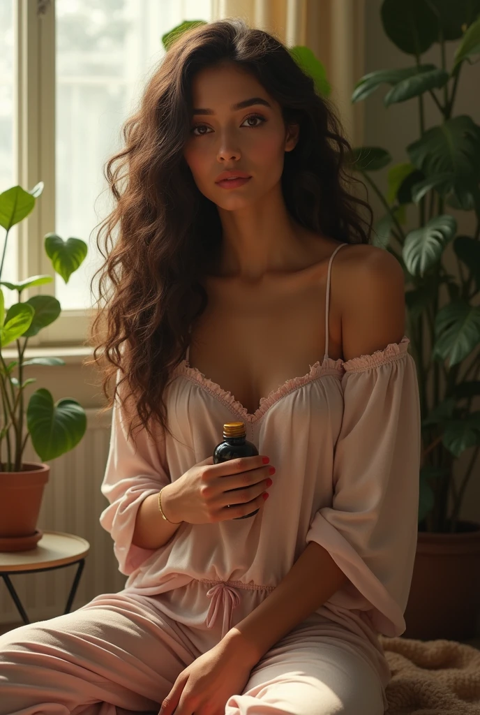 (photorealism:1.2), beautiful asia woman, sitting  one hand hold  short bottle beside body chest level, wearing loose off-shoulder top, pajama pants, long curly hair, indoors, soft lighting, plants in background, window with sunlight, cozy room, relaxed pose, realistic, intricate details, warm colors, by Greg Rutkowski, by Alphonse Mucha