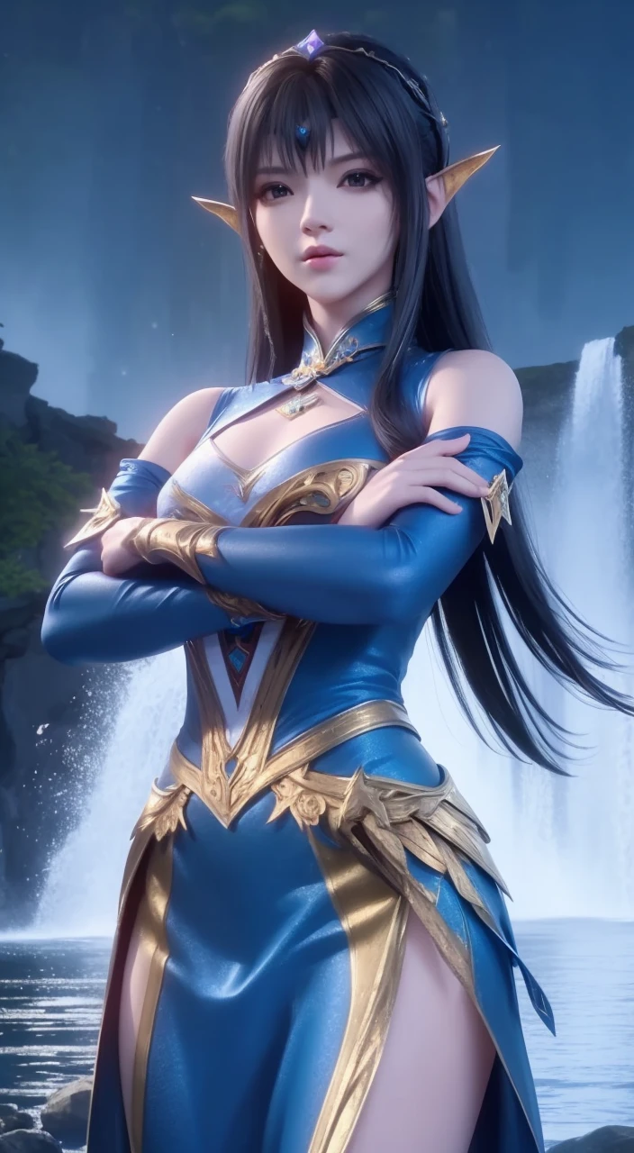 Woman in blue and gold costume posing by waterfall, Alylia from league of legends, extremely detailed Artistic Germ, Alylia, Portrait of the Knights of the Zodiac, trending Artistic Germ, ruan jia and Artistic Germ, Full body fairy, IG model | Artistic Germ, Artistic Germ and ruan jia, xianxia hero