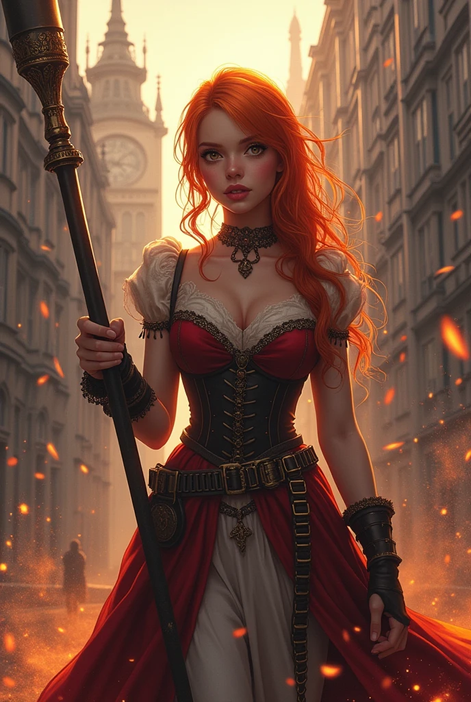 1 boy and 1 girl, fellatio, big penis, nsfw, vacuum fellatio,nsfw, licking penis, blowjob, squatting,  A woman who uses explosive magic, Dressed in medieval European style alchemist clothing, carrying a big stick, Ahegao, Orange Hair, Bright and intelligent personality,  The background is the London cityscape, ２０Old woman, fullbody shot, masutepiece, Best Quality, Illustration, Ultra-detailed, finely detail, hight resolution, 8K Wallpaper,  Perfect dynamic composition, Beautiful detailed eyes, Natural Lip, Big breasts, Natural hair, Cinematic lighting, 