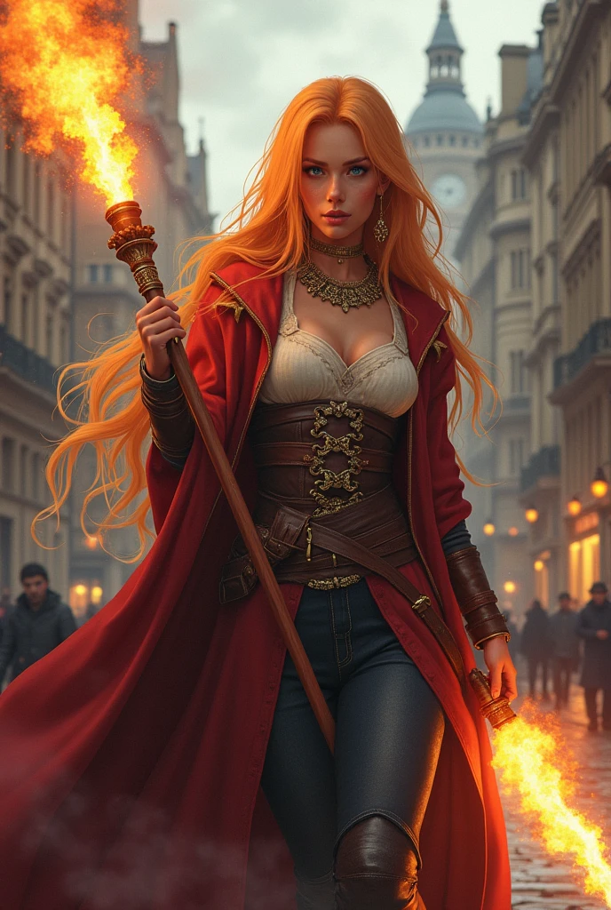 1 boy and 1 girl, fellatio, big penis, nsfw, vacuum fellatio,nsfw, licking penis, blowjob, squatting, A woman who uses explosive magic, Dressed in medieval European style alchemist clothing, carrying a big stick, Ahegao, Orange Hair, Bright and intelligent personality, The background is the London cityscape, 20Old woman, fullbody shot, masutepiece, Best Quality, Illustration, Ultra-detailed, finely detail, hight resolution, 8K Wallpaper, Perfect dynamic composition, Beautiful detailed eyes, Natural Lip, Big breasts, Natural hair, Cinematic lighting,