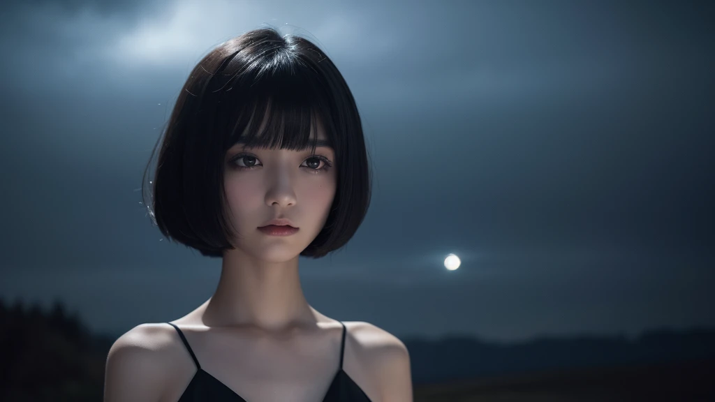 Delicate and dainty young woman with shiny bob-cut black hair . She is wearing black dress. The background is a fantastic and ethereal night sky that seems to be haunted by a specter. Her expression is stern and atmospheric. Angle from directly below.