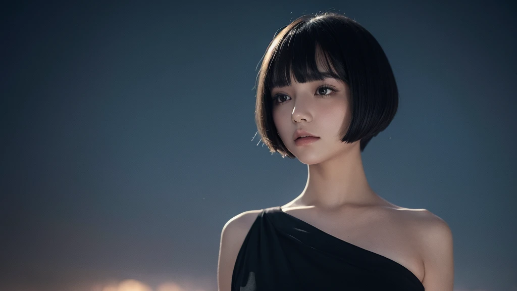 Delicate and dainty young woman with shiny bob-cut black hair . She is wearing black dress. The background is a fantastic and ethereal night sky that seems to be haunted by a specter. Her expression is stern and atmospheric. Angle from directly below.