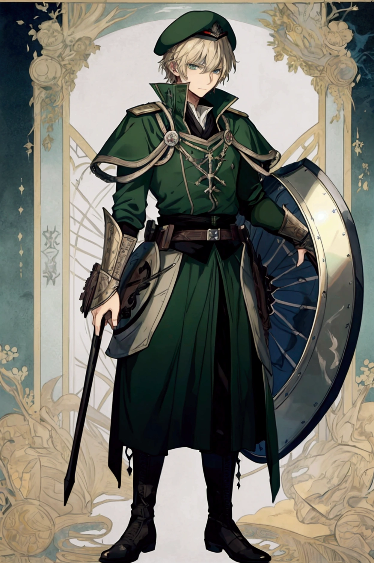 (Masterpiece), ((Highest Quality)),(Official Art),dark epic:1.2),(1 solo anime boy: 1.3). A serious young man with short trimmed dirty blonde hair, green eyes, and military beret. He is an imperial guard and carries a large shield, standing in a training room. Detailed picture. Detailed eyes. Masculine jaws. Full body. Soft fairytale picture book Arthur Rackham. Colorful, best detailed ((super detailed)), (highly detailed 2D anime boy illustration), ((epic and beautiful))