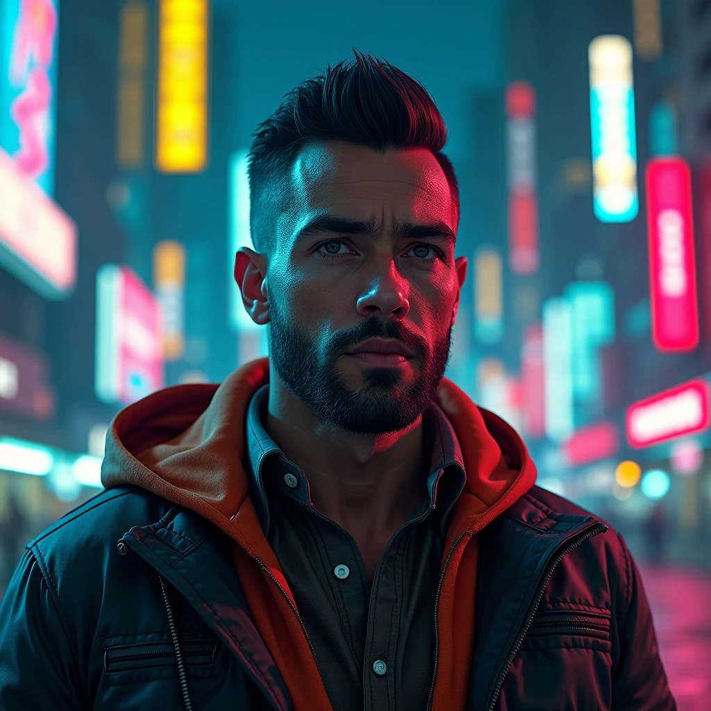 Long shot of a man with a short stubble, Synthwave Nvinkpunk, 4k, RTX, dual-tone colors of cyan and yellow