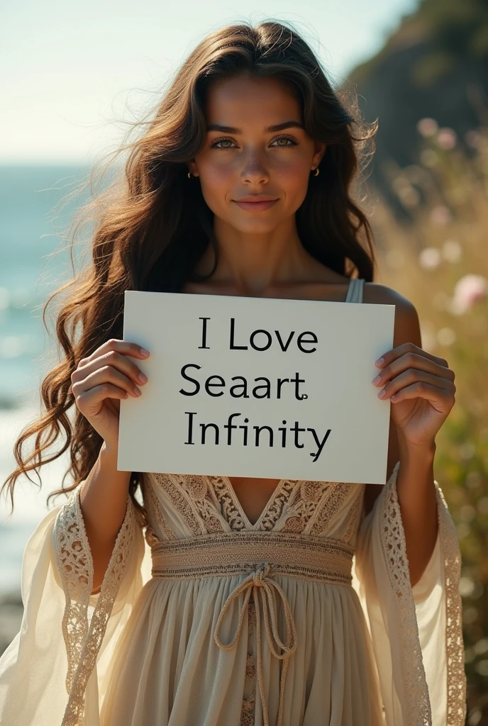 Beautiful girl with wavy long hair, bohemian dress, holding a white board with text "I Love Seaart Infinity" and showing it to the viewer