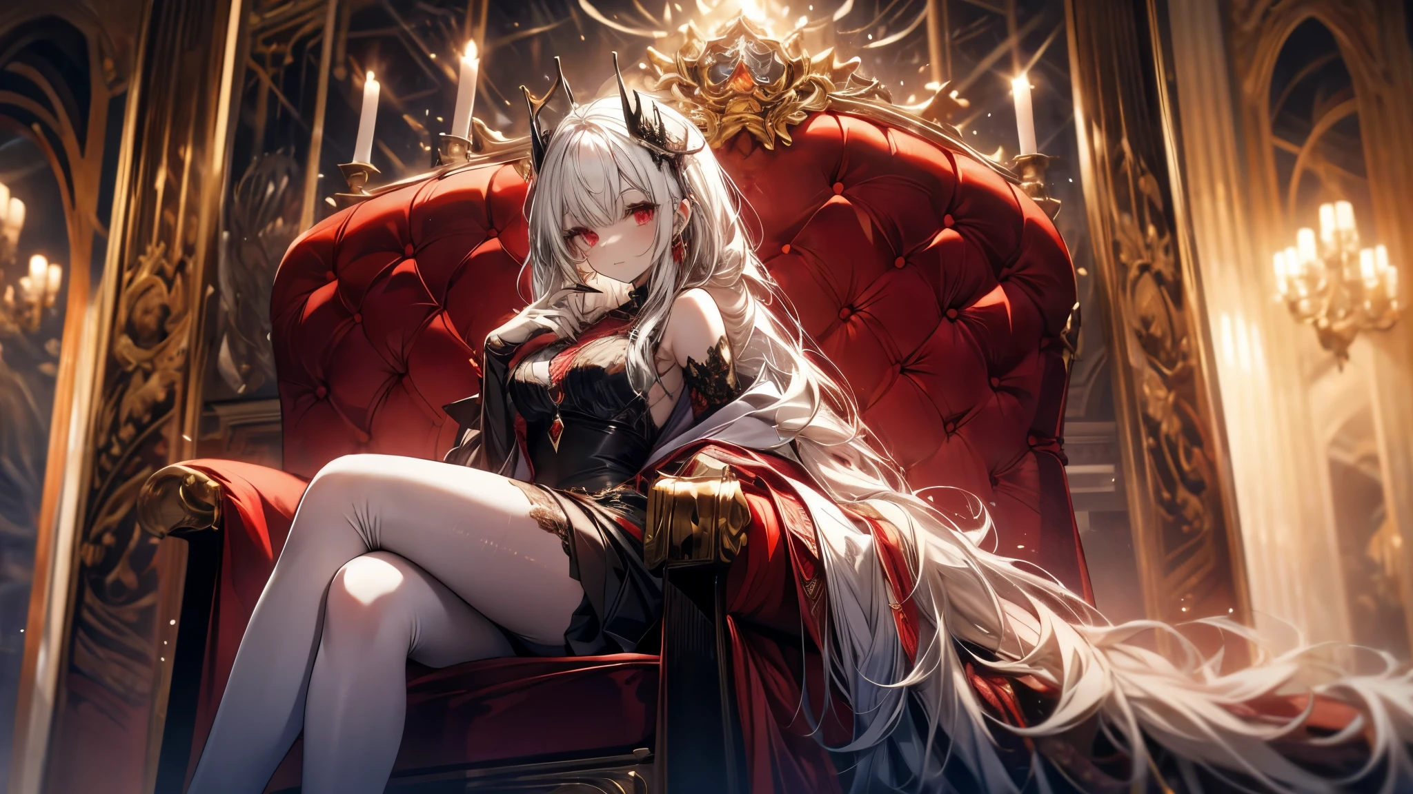 A vampire girl sits on a throne with a glass of red wine in her hand.
She has long white hair and red eyes.
Her legs are crossed and the hand holding the wine rests on her elbow.
The background is the throne room with red curtains and carpet.