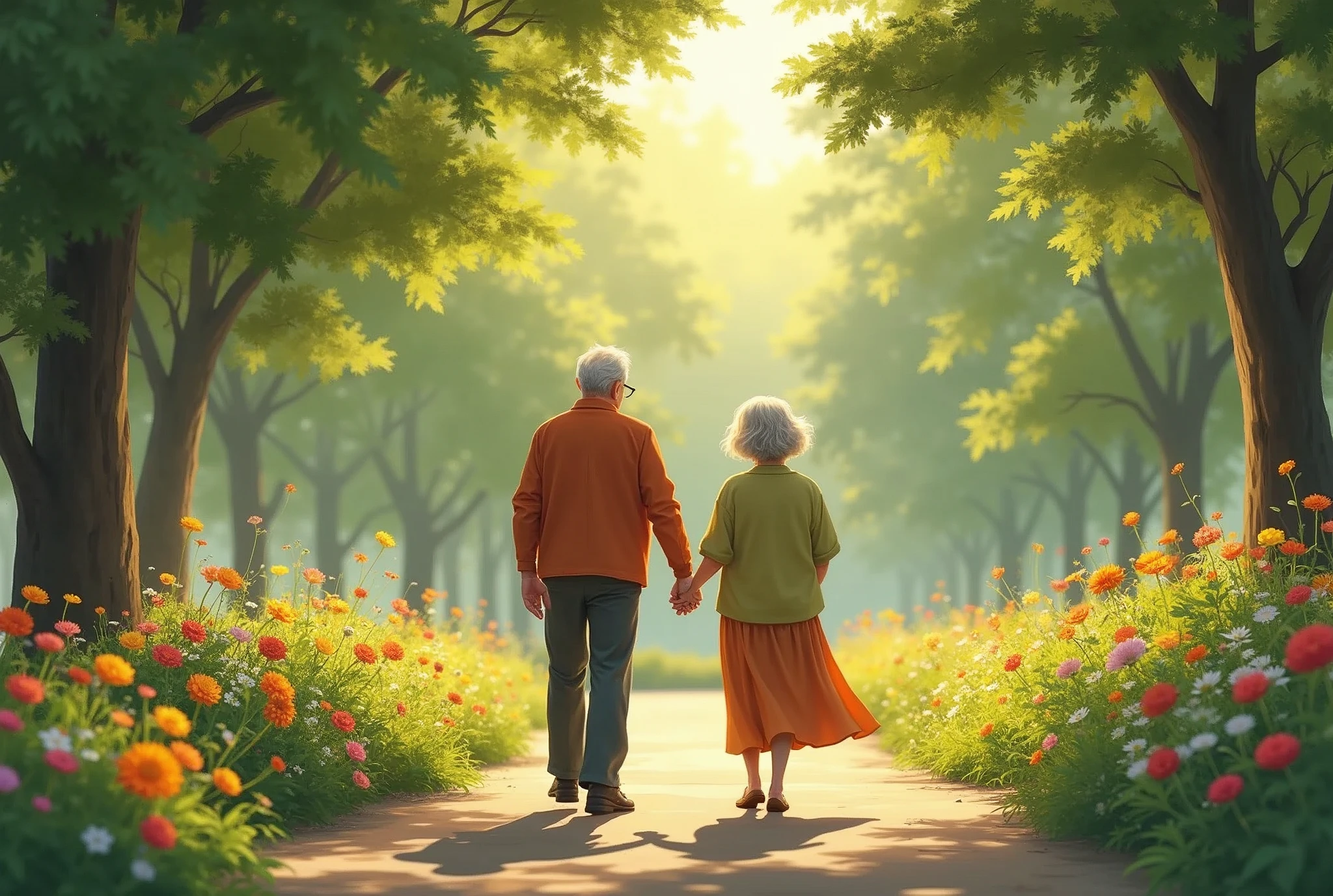 An elderly couple walking hand in hand through a vibrant, flower-filled park, with soft sunlight filtering through the trees and a peaceful atmosphere