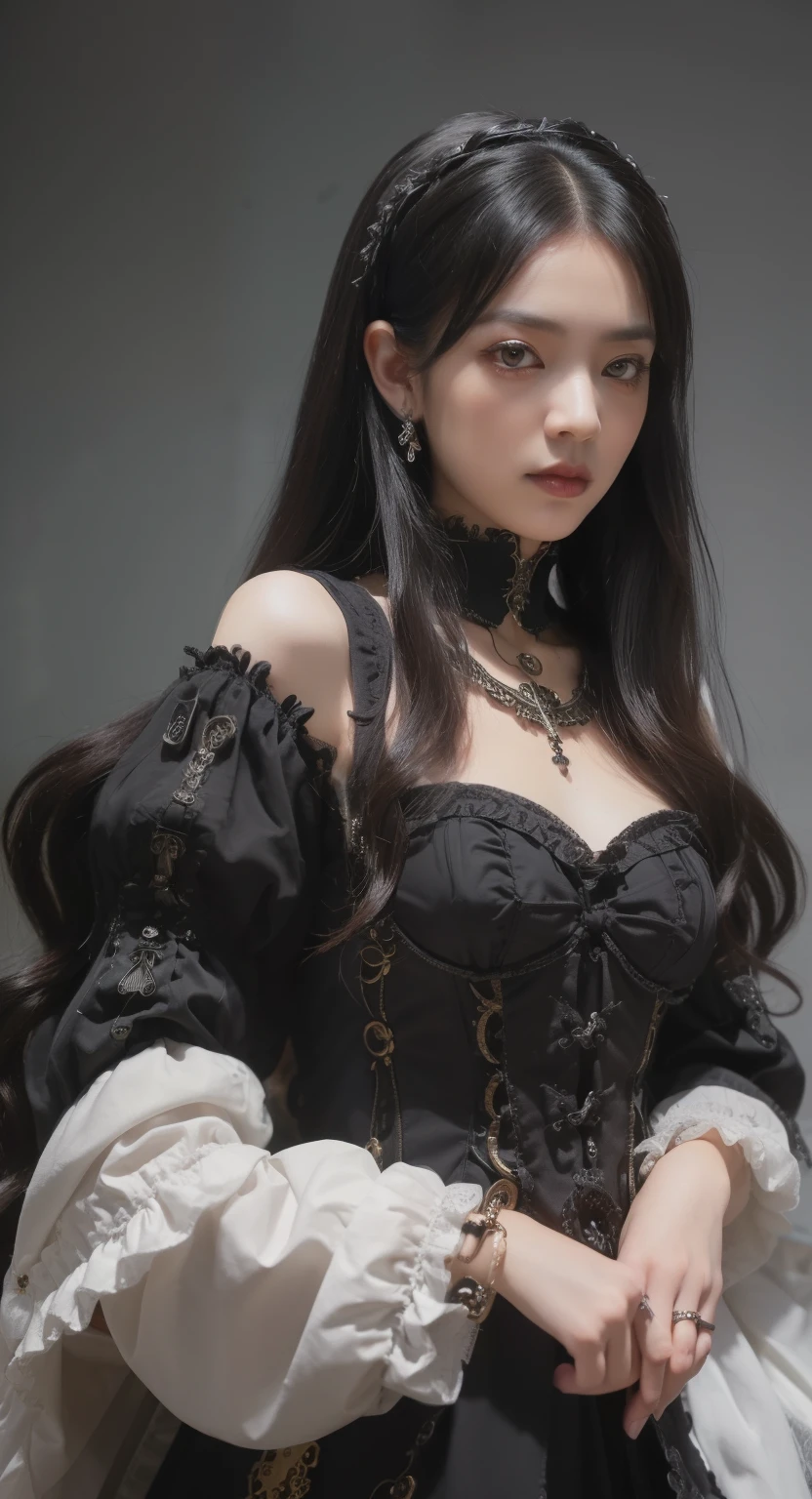 (((table top, highest quality, very detailed))), (((( very detailed 얼굴))), Small, thin nose, Small, thin-lipped, mouth, (((Very sharp and focused eyes))), Accurate and light gray eyes with very large gaps that sparkle like jewels. Very long eyelashes, Long black hair with black vertical curls,, Thick bangs, Princess cut with vertical curls, (((Very ornate gothic lolita fashion and、A meeting of ornate steampunk fashion))), Very dramatic and cinematic lighting, (((The overall accuracy has been greatly improved., very detailed 생성, Realistic and lifelike image))).