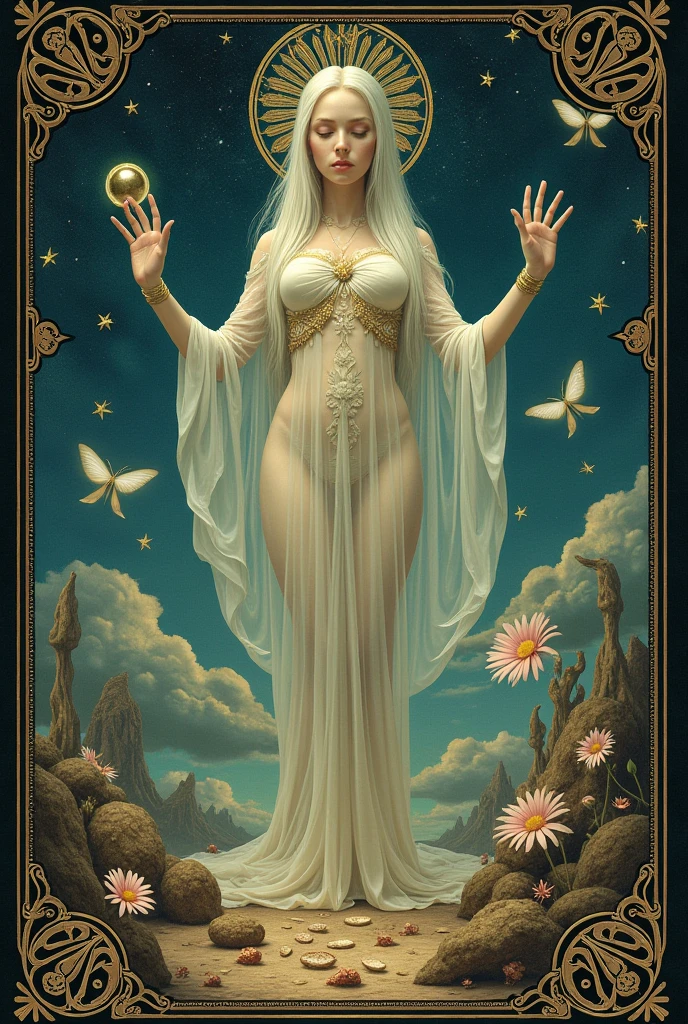 Create a unique tarot deck that blends esoteric symbolism with a dreamlike theme. Each card should feature vivid imagery that represents its traditional meaning while incorporating modern elements. The art style should be Surrealism: Dreamlike, fantastical imagery that challenges reality. overall color palette should evoke a calm mood.