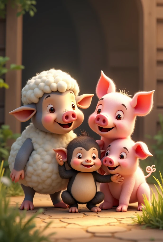 1 Sheep
1 monkey
2 pigs
Happy together family