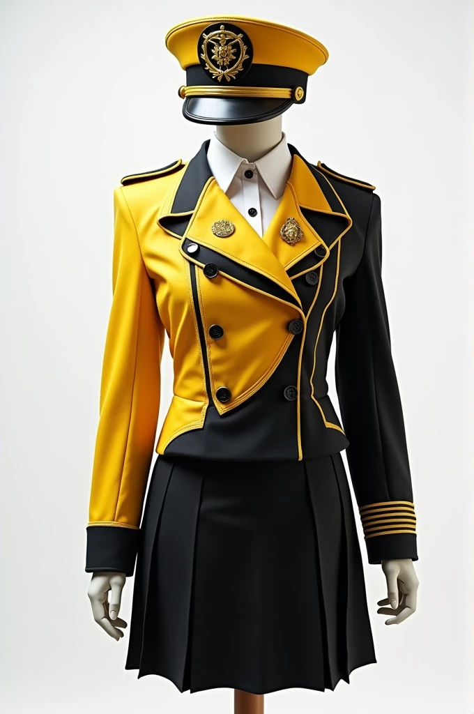 A marching band uniform with the jacket on one side black and the other yellow, with long sleeves. Having a golden detail on the right side of the jacket. For the bottom, a short black skirt with small pleats.. In addition to a hat with an aeronautical style design, black on the inside, containing a golden rim with the letters MJ on the front.