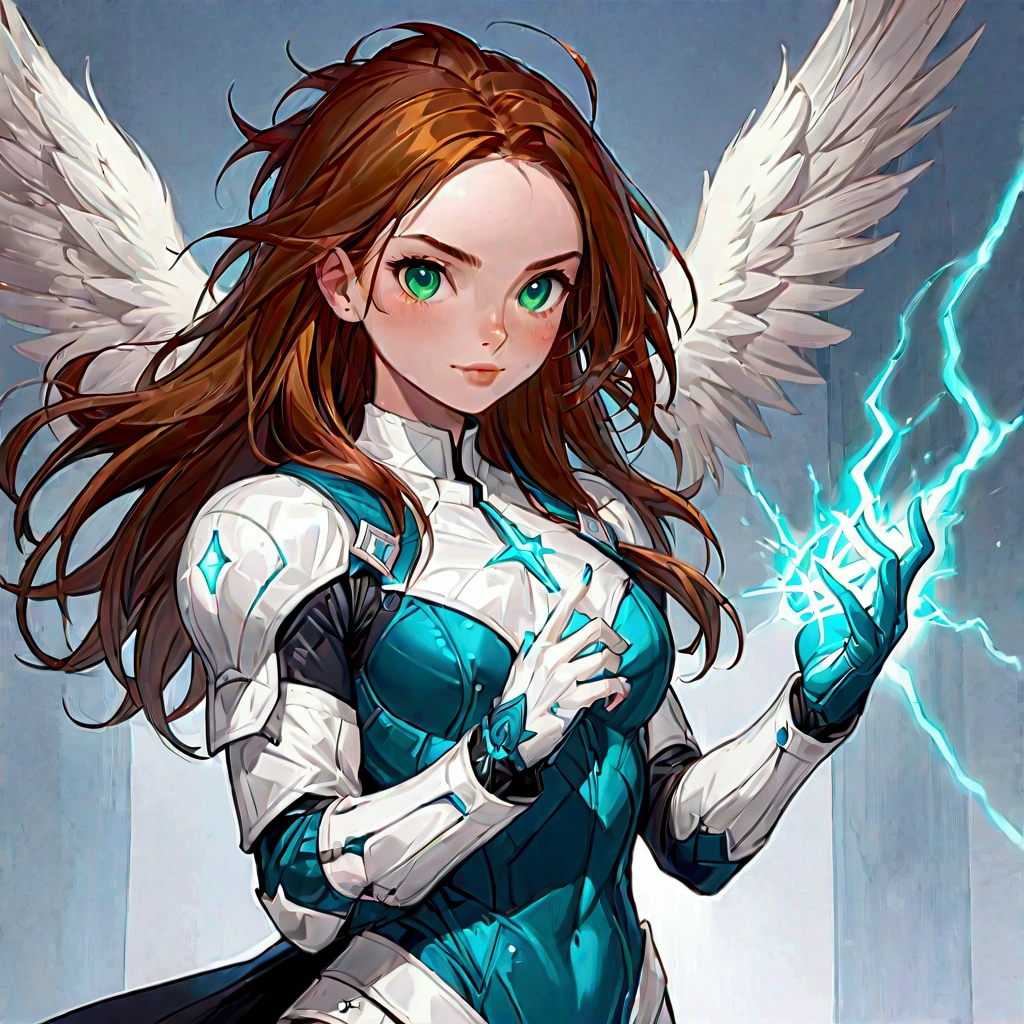 A muscular female superhero nun ((muscular size:2.2)) orange and brown hair, green eyes, farm tan brown skin (freakles on cheeks:1.2) white & teal blue armor, white knee high heel boots ((lightning superpower from her hands:1.2)) amazing, awesome, high-quality, beautiful, elegant, mighty, heroic.