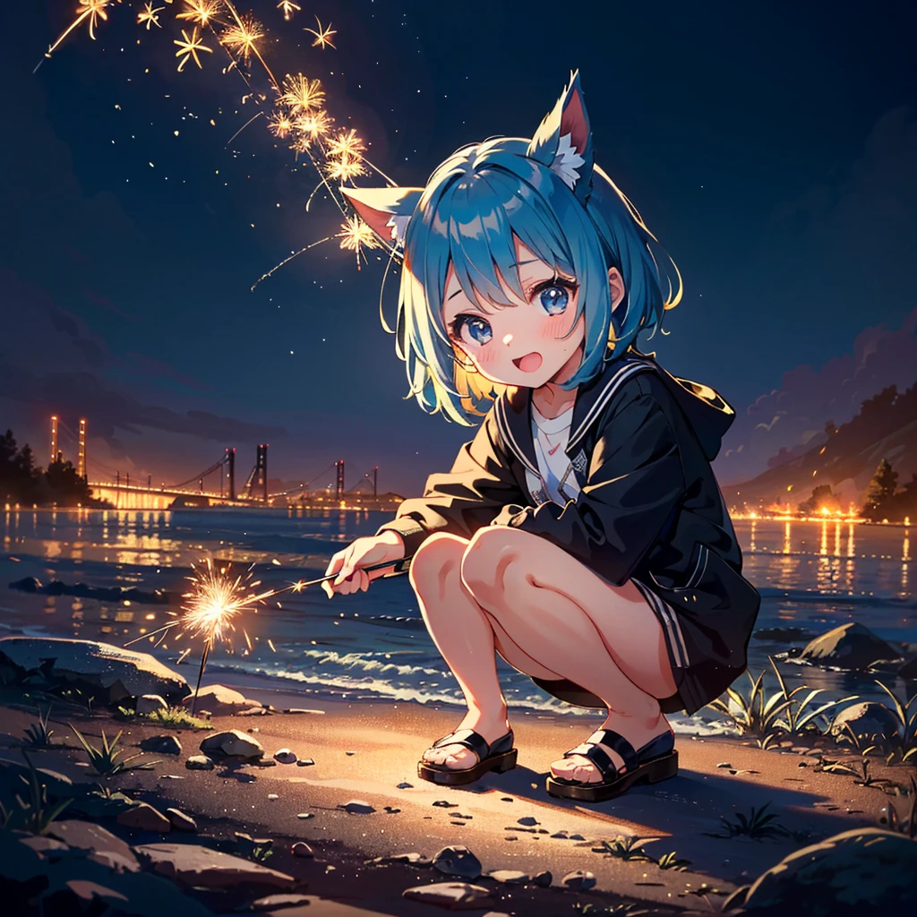 {{{Masterpiece, highest quality, high resolution background}}}, Bright and beautiful atmosphere, 1 girl (7 years old, round face, baby face), small breasts, rough clothes, girl squatting in the dark and playing sparklers A very happy mini pig, "deltamon_sdXL :0.73)>Deltamon"