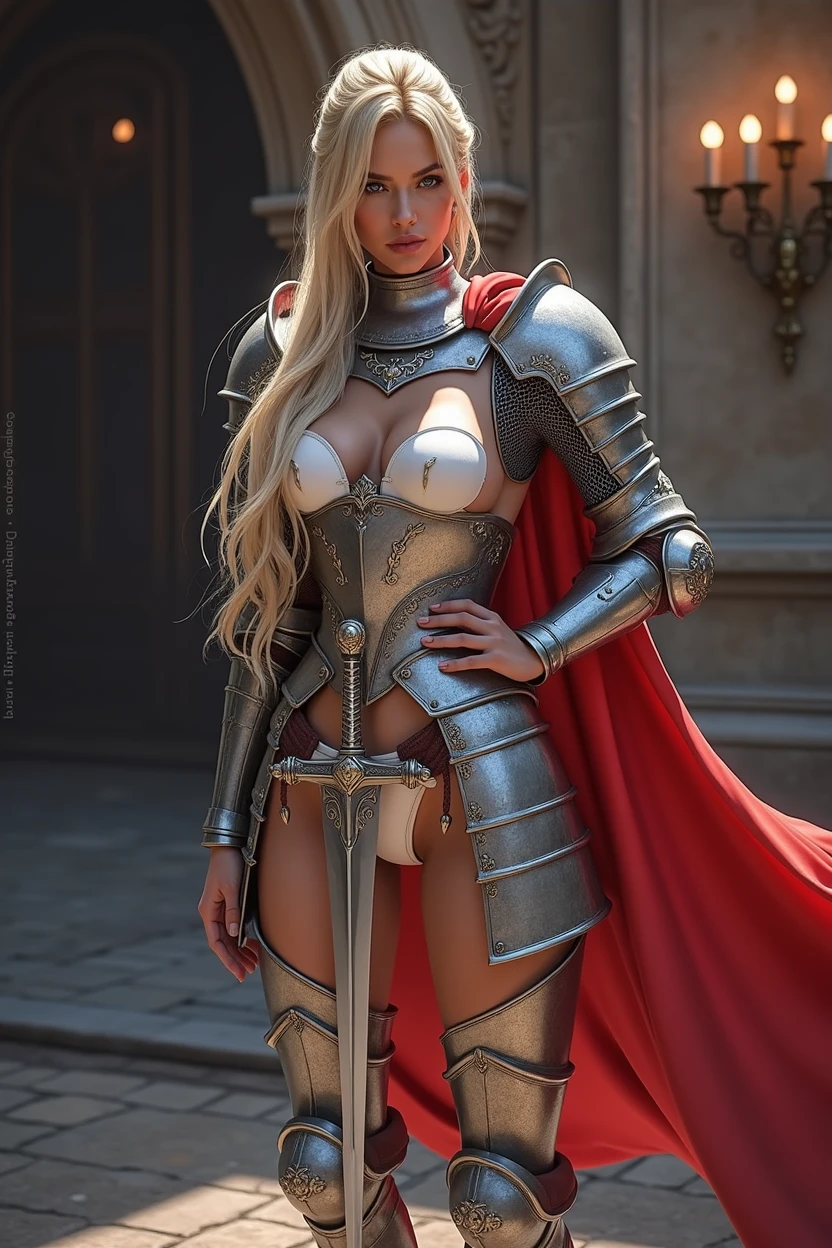 ((masterpiece, Highest quality, High resolution, Highly detailed CG integrated 8K wallpaper)), (Huge and stunning goddess shot, Very hot and sexy, Amazing beauty, Perfect Proportions, Beautiful body, Slim body beauty:1.3), (A medieval Female Knight in luminous armor:1.5), (Her long blonde hair is tied back., Wearing armor on bare skin, Red cape on the back, Exquisitely crafted, Armor with great attention to detail, With a sword hanging from his wide belt:1.5), (I will add the text, Camel Toe:1.5), I can see your thighs, View from above, Female Knight, 「unlimited」"Raise your hand and kneel".,