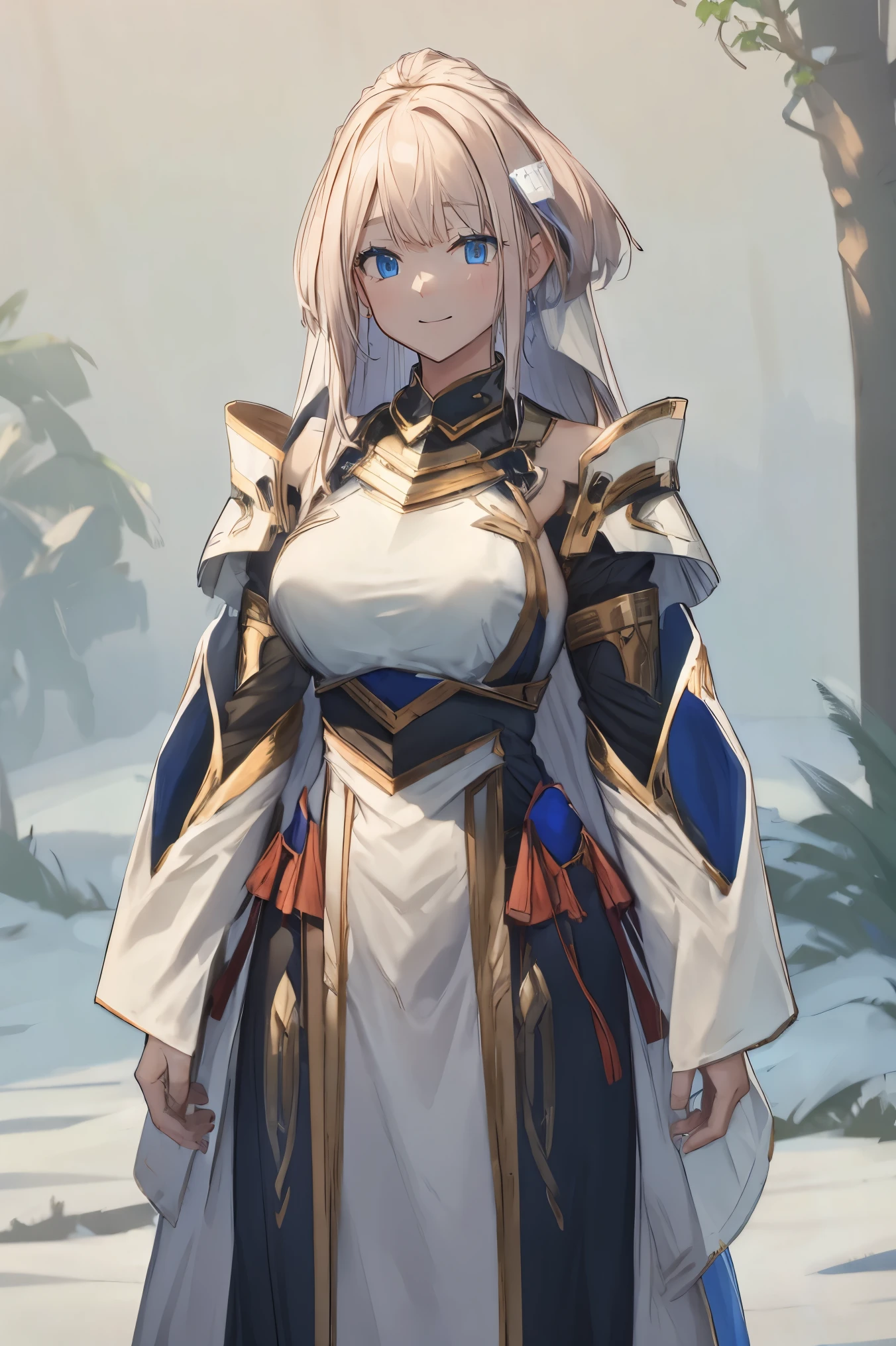 female, big tits, hair ornament, smile, look at camera,  white hair, blue eyes, armor, long hair