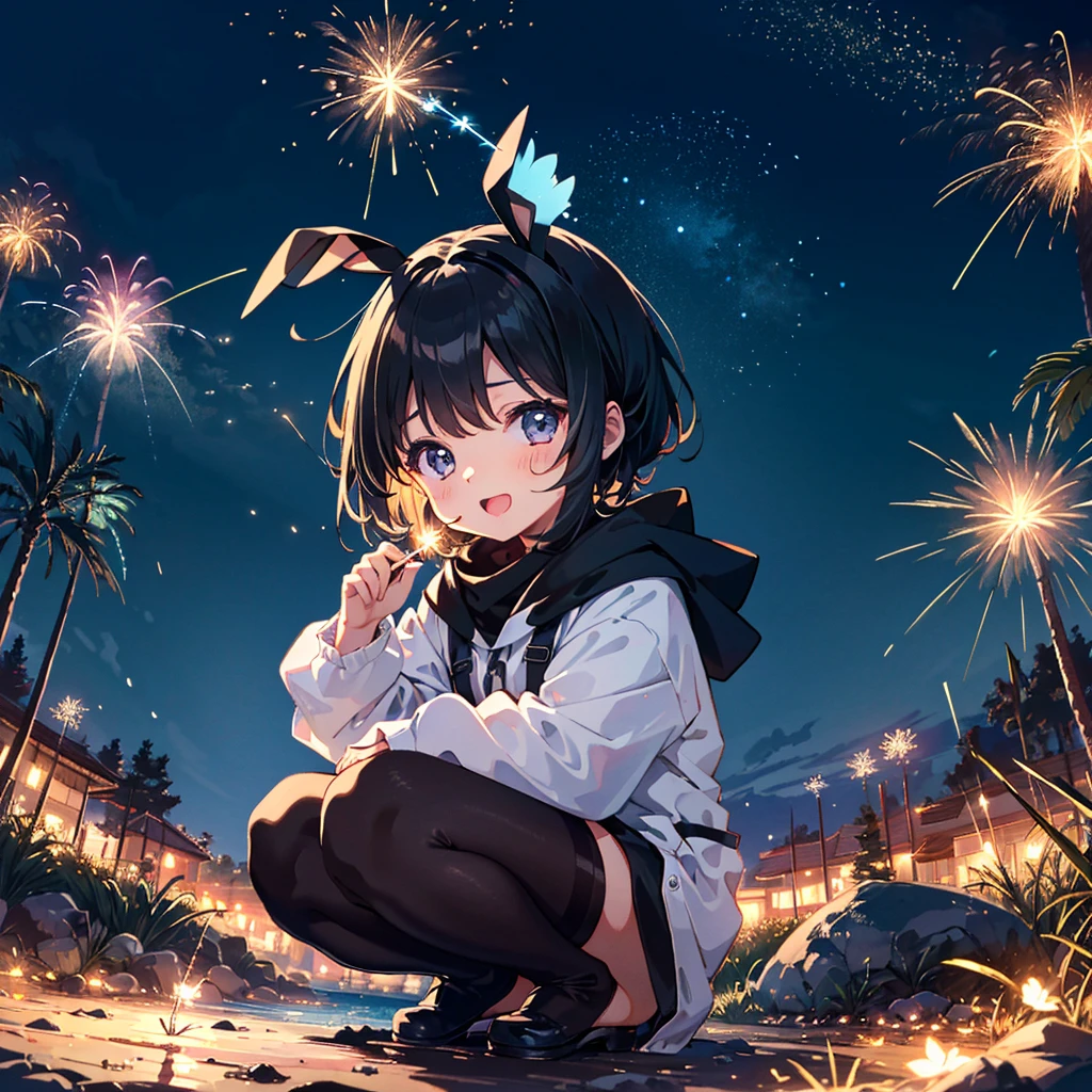 {{{Masterpiece, highest quality, high resolution background}}}, Bright and beautiful atmosphere, 1 girl (7 years old, round face, baby face), small breasts, rough clothes, girl squatting in the dark and playing sparklers A very happy mini pig, "deltamon_sdXL :0.73)>Deltamon"