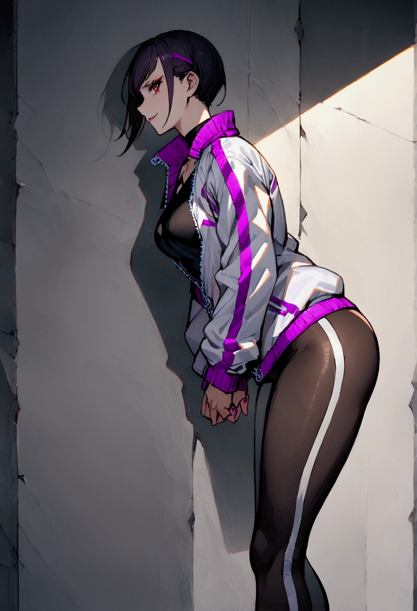 standing,alone,short hair,work of art,face detailed,beautiful young fitness woman with , in a gym wearing May with black pantyhose, white and purple tight short gym jacket. standing alone,red eyes glowing,Evil smile,legging preto ,labiaa,dark eye shadow,shining eyes,a hand leaning against the wall,neckleace,jacket zipper half open,Tight black shirt,white sports tennis shoes,short hair with purple details,beautiful curves,whole body,hair with purple details,labiaa,detailed face and eyes,work of art,sexy look,pefil from sideways,from sideways,Tuuli