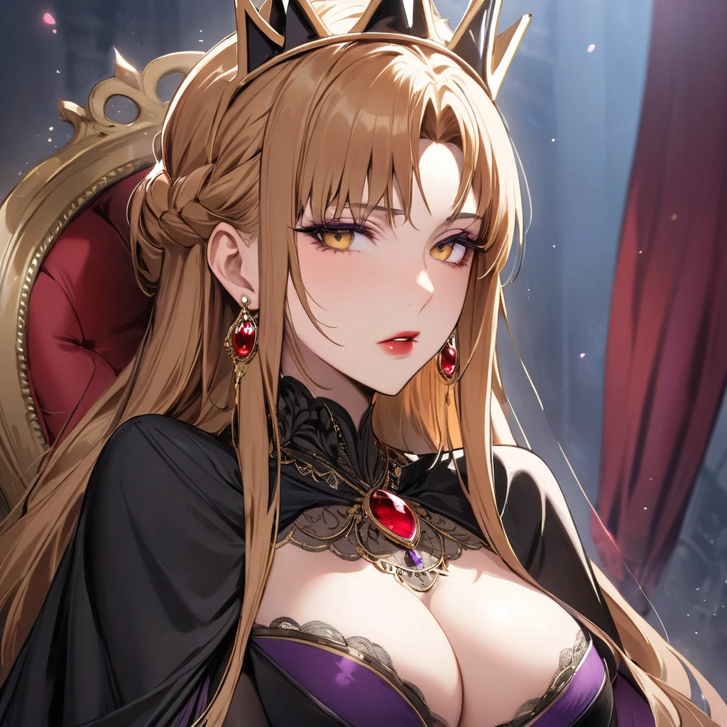 ((Highest quality)), ((masterpiece)), (detailed), (Perfect Face)、The woman is the evil queen Grimhild, Yuki Asuna, with bright brown hair in a semi-long style, wearing lipstick, thick eyeshadow, and heavy makeup.、The woman is dressed as an evil queen, wearing a black Victorian dress with luxurious gold embroidery and trim, a black cowl fitted over her face, luxurious earrings, adorned with lavish accessories, and a magnificent golden crown. She is a beautiful and evil queen, standing and reigning in front of a magnificent throne. She possesses majesty, elegance, and grace, with a stunning figure and a captivatingly alluring beauty, making her an absolutely stunning woman.