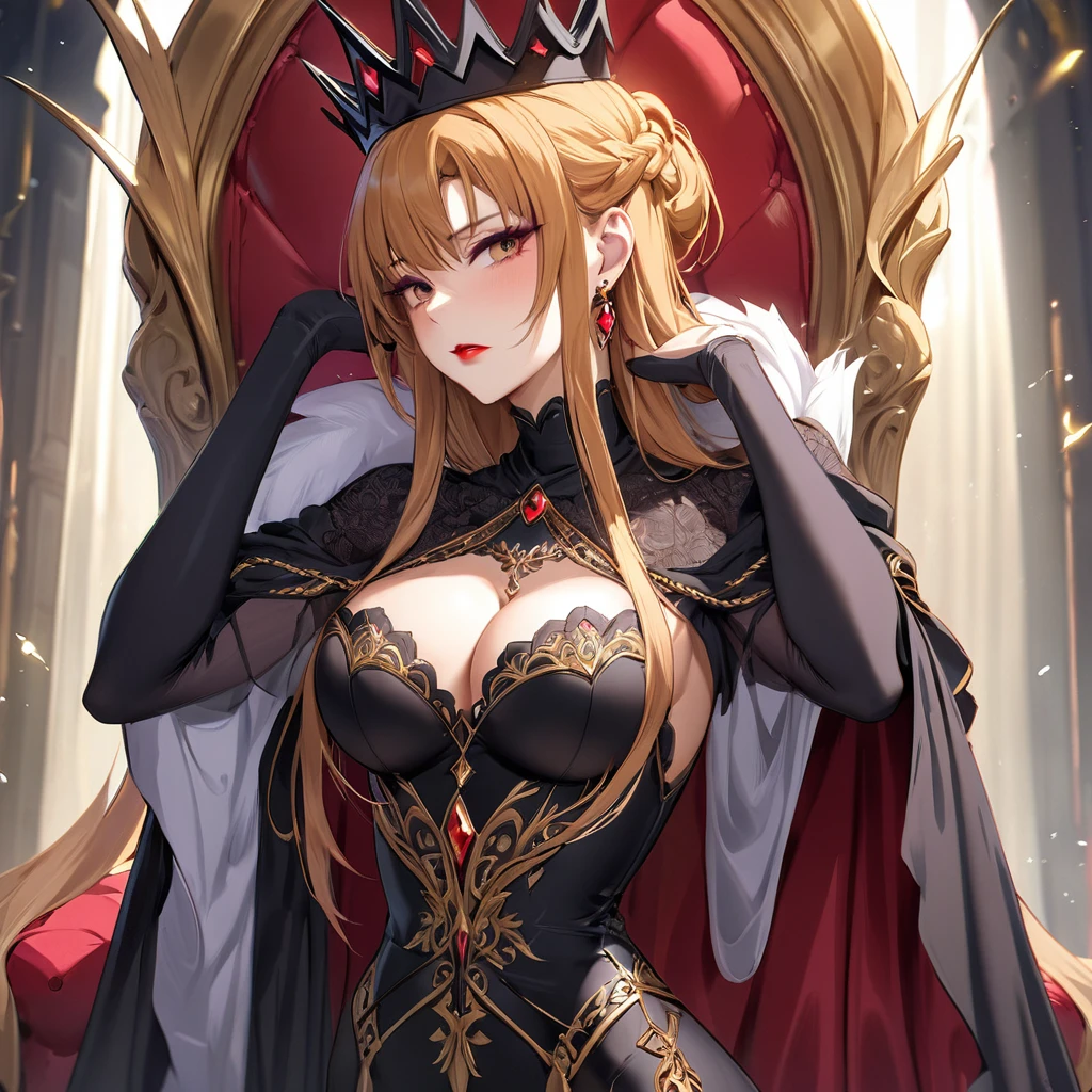 ((Highest quality)), ((masterpiece)), (detailed), （Perfect Face）、The woman is the evil queen Grimhild, Yuki Asuna, with bright brown hair in a semi-long style, wearing lipstick, thick eyeshadow, and heavy makeup.、The woman is dressed as an evil queen, wearing a black Victorian dress with luxurious gold embroidery and trim, a black cowl fitted over her face, luxurious earrings, adorned with lavish accessories, and a magnificent golden crown. She is a beautiful and evil queen, standing and reigning in front of a magnificent throne. She possesses majesty, elegance, and grace, with a stunning figure and a captivatingly alluring beauty, making her an absolutely stunning woman.